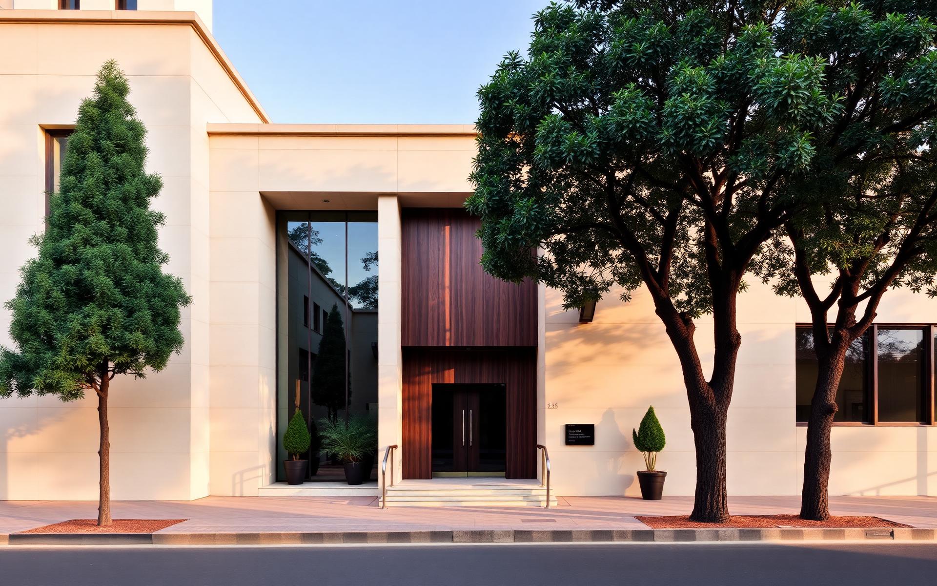 A warm Reeva lobby with natural stone and indoor palms